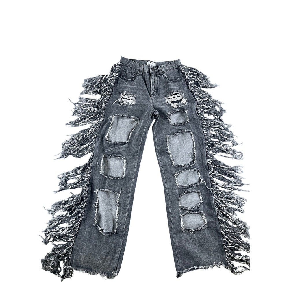 N°1 Los Angeles Distressed Fringe Side Jeans Faded Black Size S YK3333P